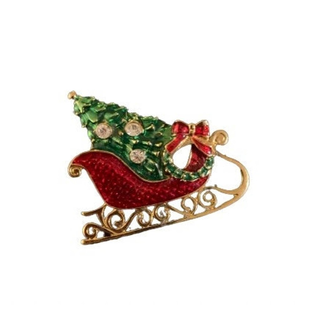 Eisenberg Christmas Enamel Brooch Rhinestone Tree in Sled with Wreath
